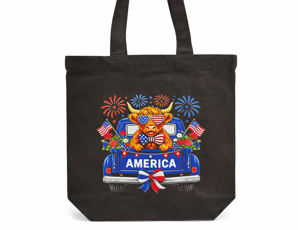 Patriotic Highland Cow Tote Bag – American Flag Canvas Bag | 4th of July Tote | Reusable Market Bag