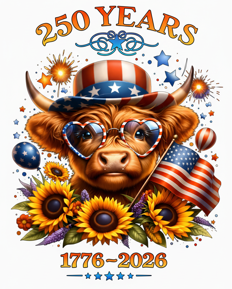 250 Years Highland Cow Patriotic Graphic Tee | 1776–2026 Unisex Shirt