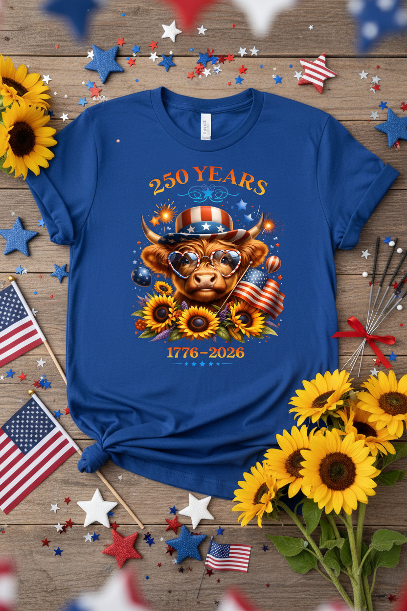 250 Years Highland Cow Patriotic Graphic Tee | 1776–2026 Unisex Shirt