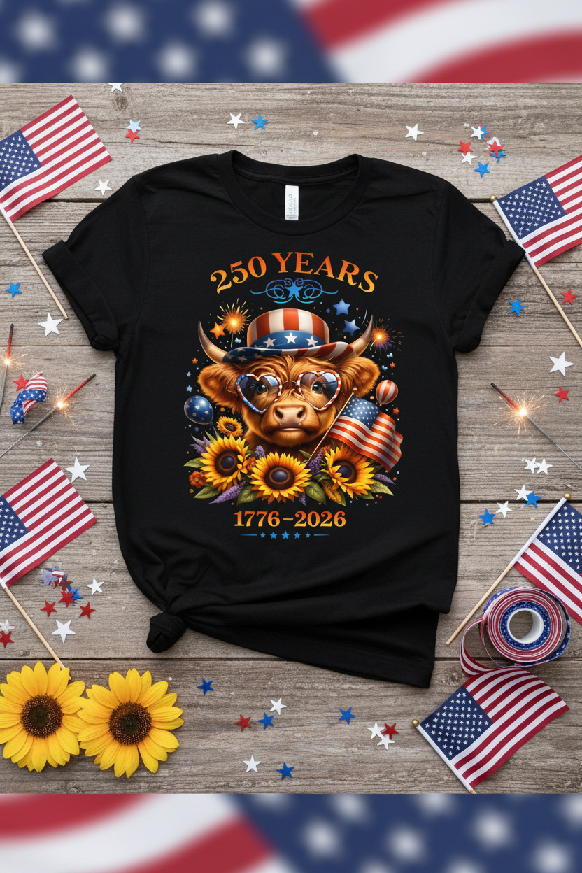250 Years Highland Cow Patriotic Graphic Tee | 1776–2026 Unisex Shirt