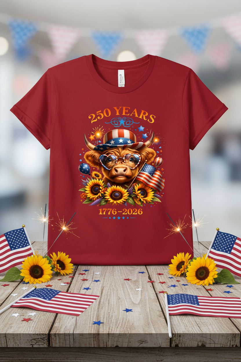 250 Years Highland Cow Patriotic Graphic Tee | 1776–2026 Unisex Shirt