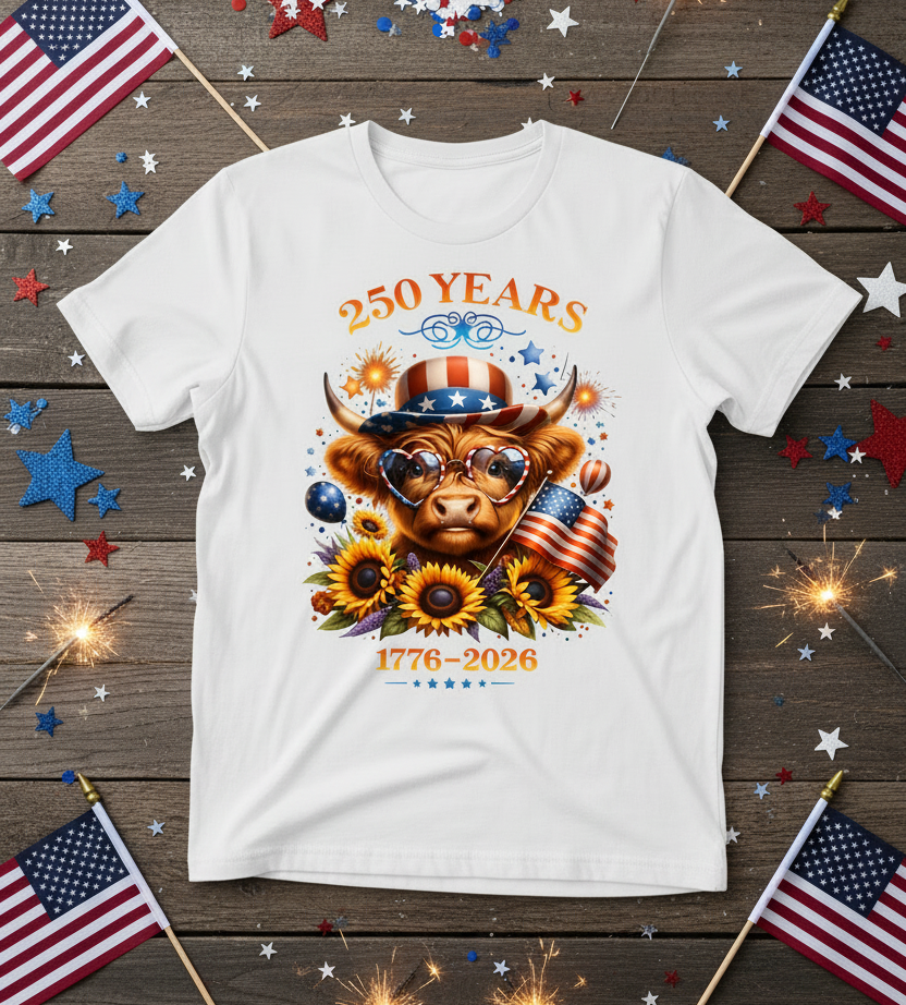 250 Years Highland Cow Patriotic Graphic Tee | 1776–2026 Unisex Shirt