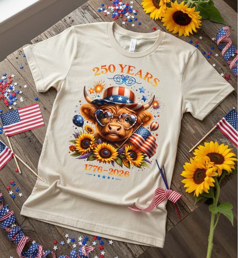 250 Years Highland Cow Patriotic Graphic Tee | 1776–2026 Unisex Shirt