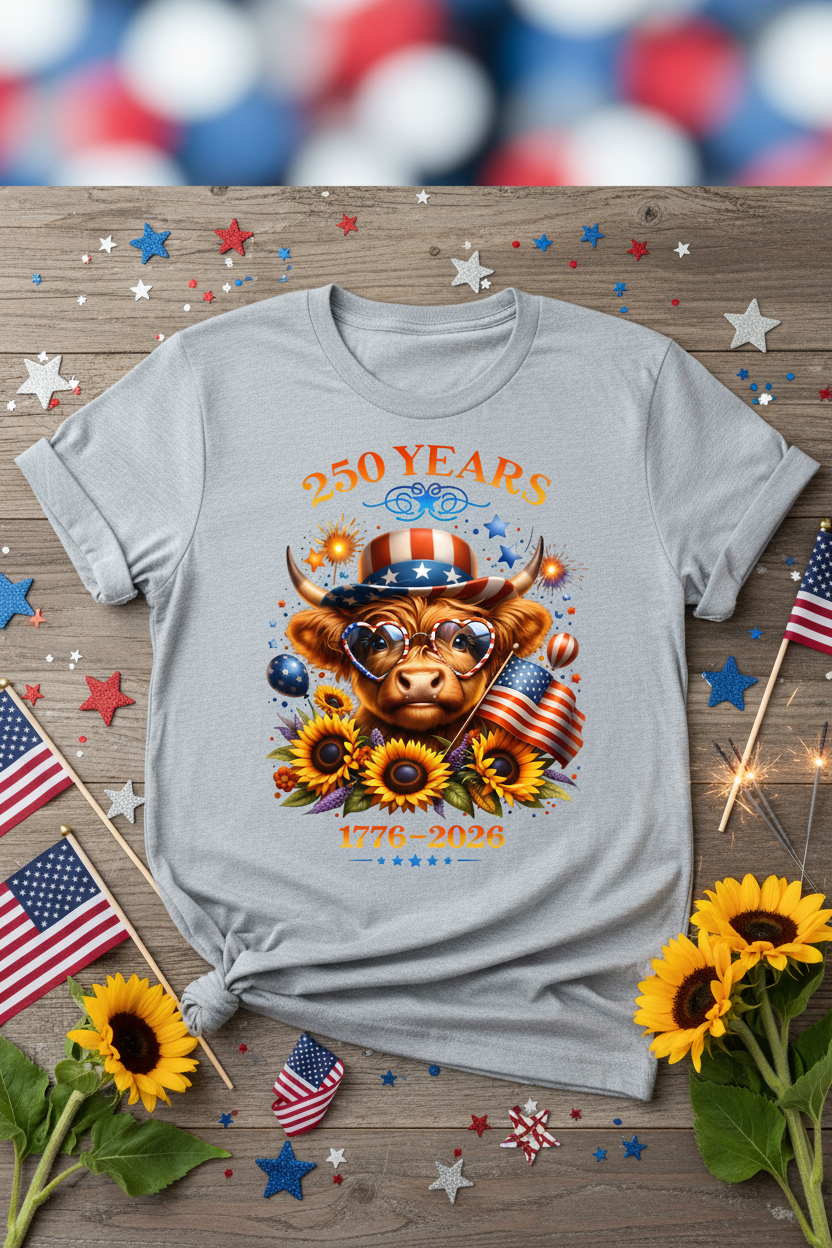 250 Years Highland Cow Patriotic Graphic Tee | 1776–2026 Unisex Shirt