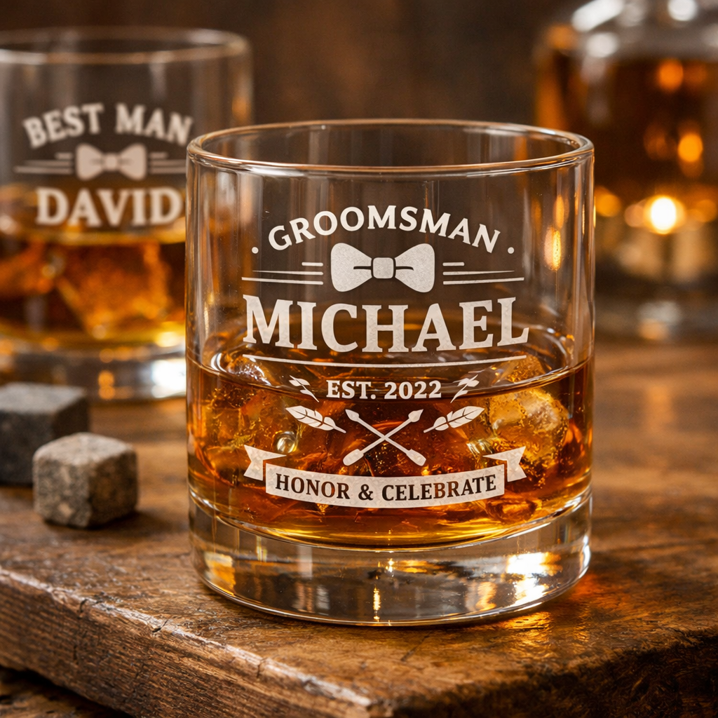 Personalized Groomsmen Whiskey Glass – 10 oz Laser Engraved Gift 4 Piece Set