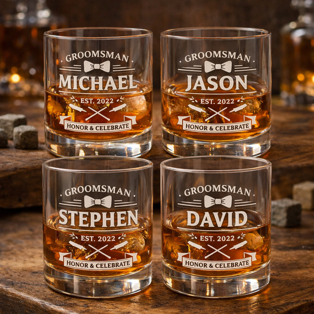 Personalized Groomsmen Whiskey Glass – 10 oz Laser Engraved Gift 4 Piece Set