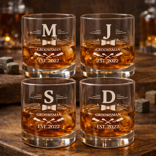 Personalized Groomsmen Whiskey Glass – 10 oz Laser Engraved Gift 4 Piece Set