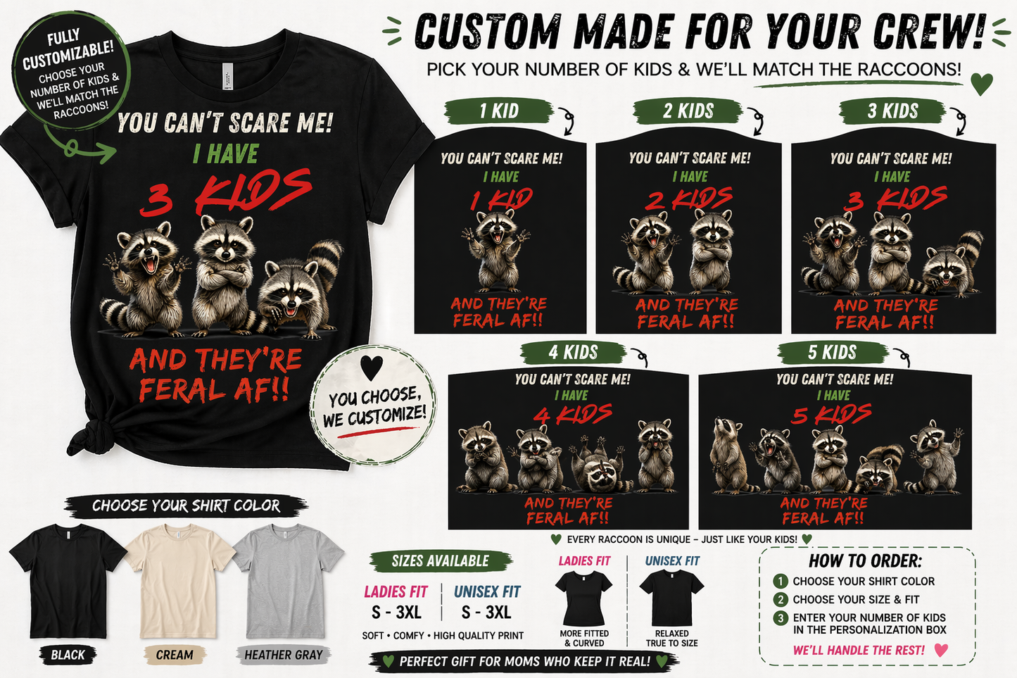 Custom Mom Shirt – You Can’t Scare Me I Have Kids & They’re Feral AF | Personalized Raccoon Shirt | Funny Mom Life Tee