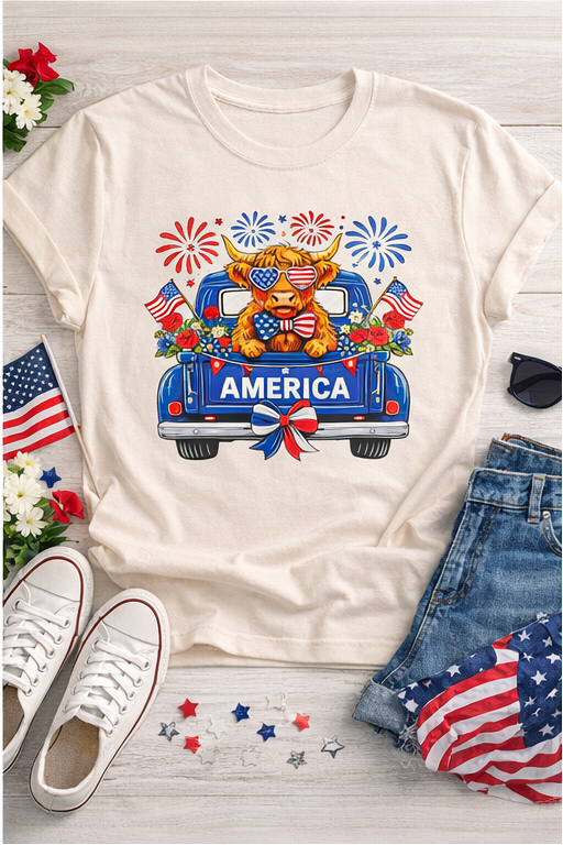 Patriotic Highland Cow T-Shirt – American Flag Graphic Tee | 4th of July Shirt | Summer Cow Shirt