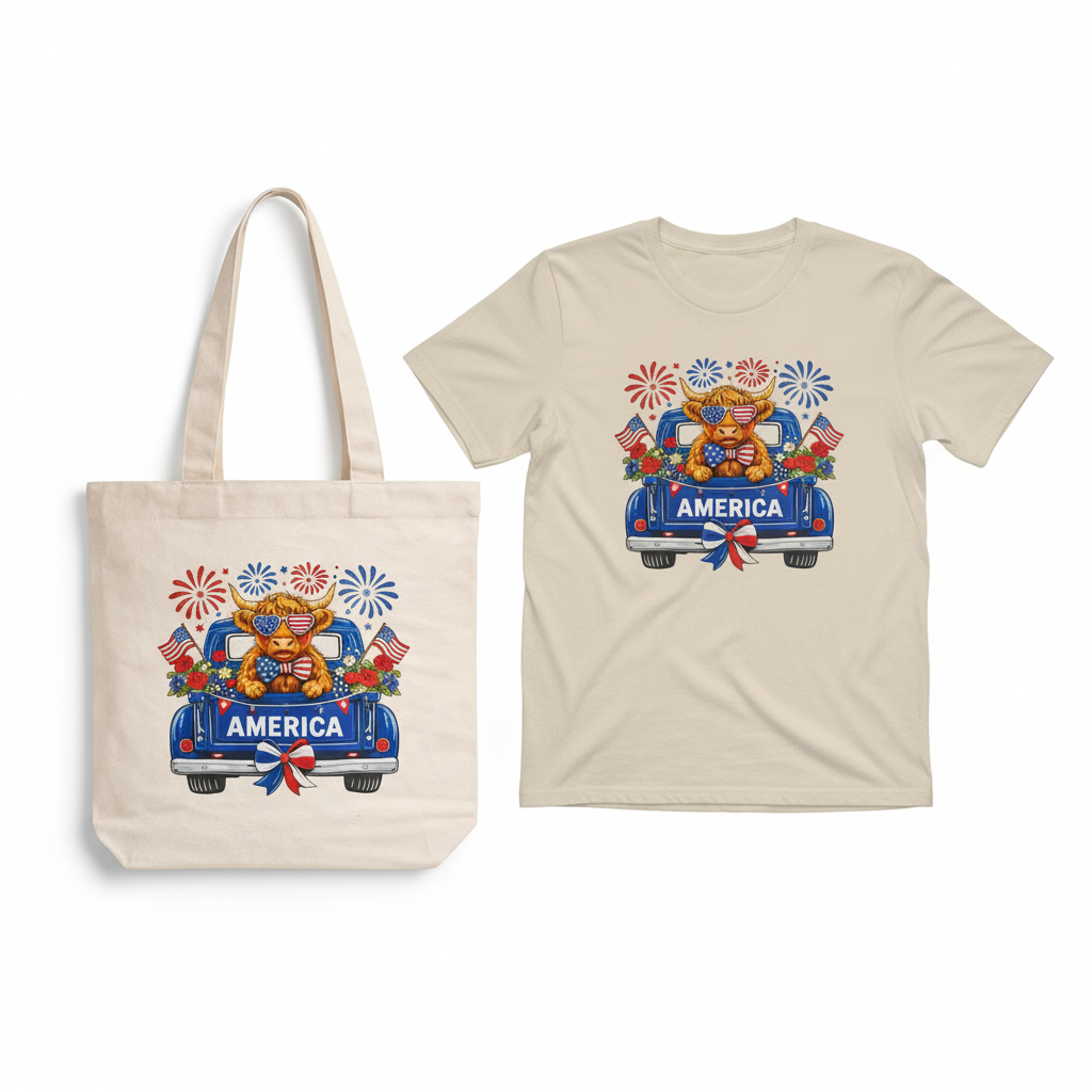 Patriotic Highland Cow Shirt & Tote Bag Bundle – American Flag Matching Set | 4th of July Outfit & Tote