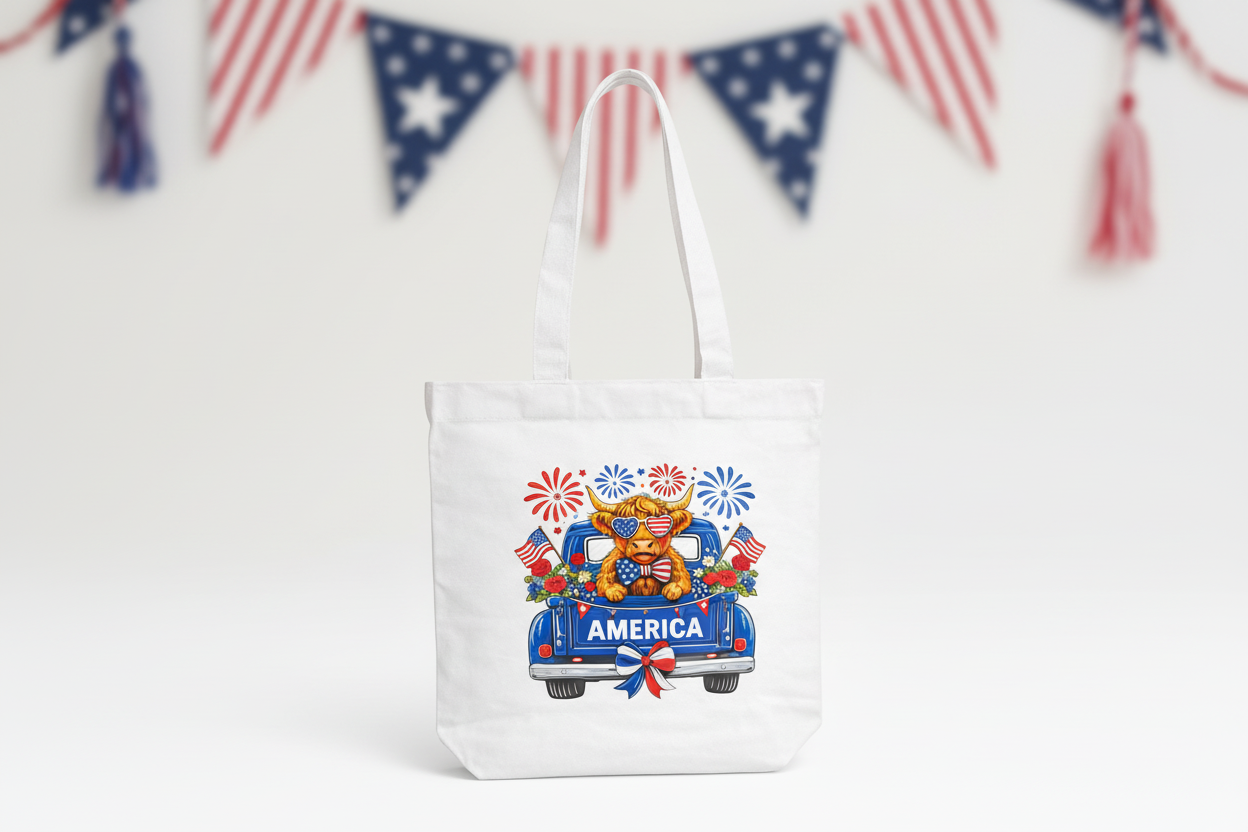 Patriotic Highland Cow Shirt & Tote Bag Bundle – American Flag Matching Set | 4th of July Outfit & Tote