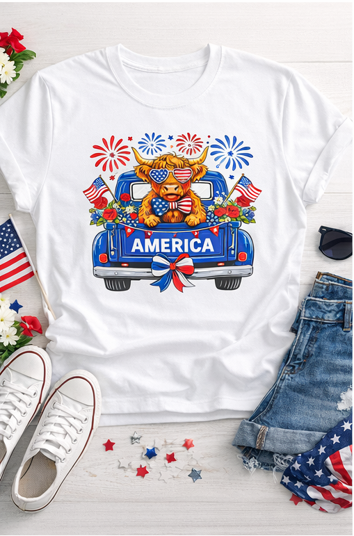 Patriotic Highland Cow T-Shirt – American Flag Graphic Tee | 4th of July Shirt | Summer Cow Shirt