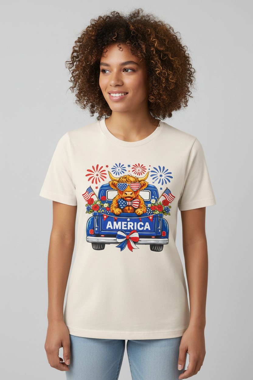 Patriotic Highland Cow T-Shirt – American Flag Graphic Tee | 4th of July Shirt | Summer Cow Shirt