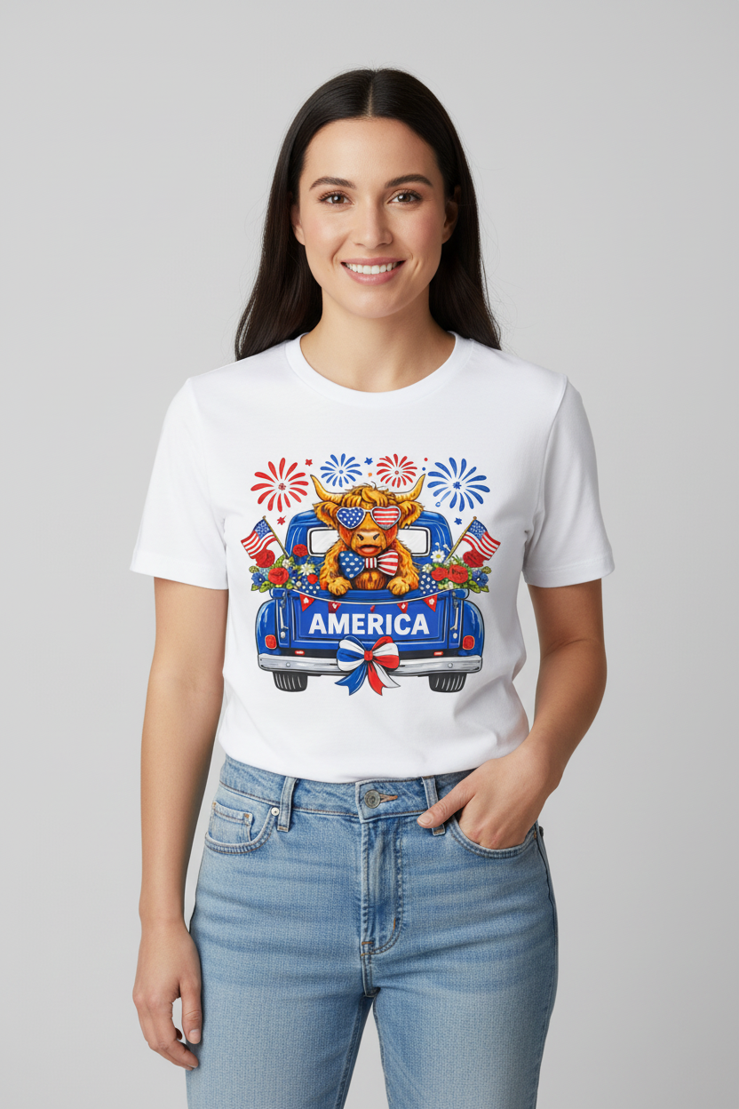 Patriotic Highland Cow T-Shirt – American Flag Graphic Tee | 4th of July Shirt | Summer Cow Shirt