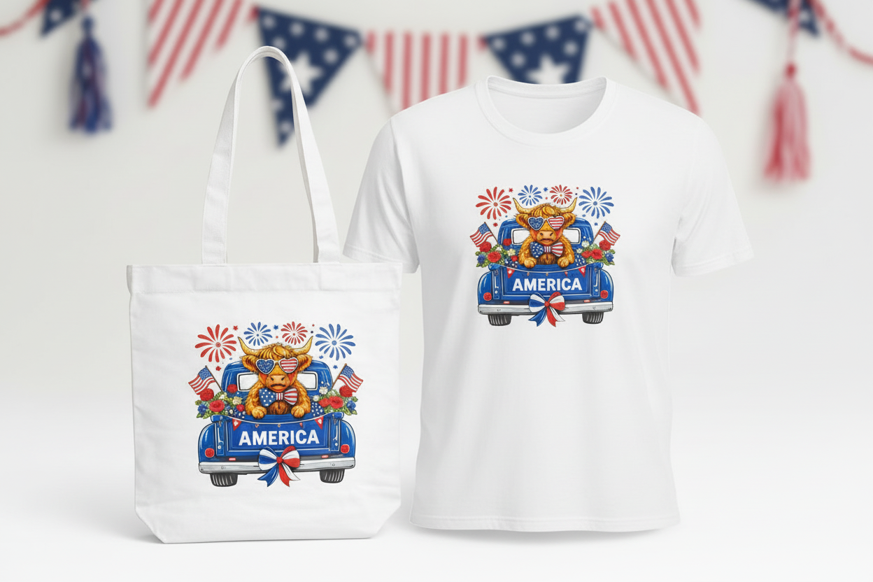 Patriotic Highland Cow Shirt & Tote Bag Bundle – American Flag Matching Set | 4th of July Outfit & Tote