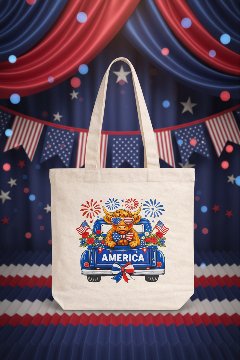 Patriotic Highland Cow Shirt & Tote Bag Bundle – American Flag Matching Set | 4th of July Outfit & Tote