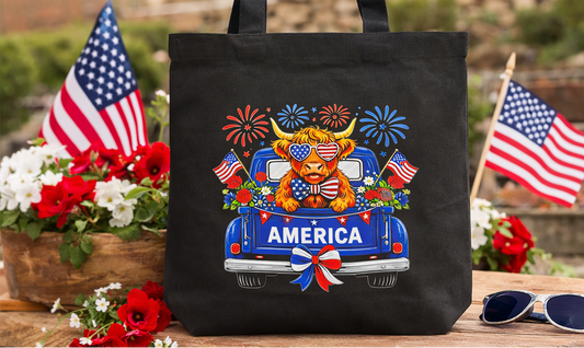 Patriotic Highland Cow Tote Bag – American Flag Canvas Bag | 4th of July Tote | Reusable Market Bag