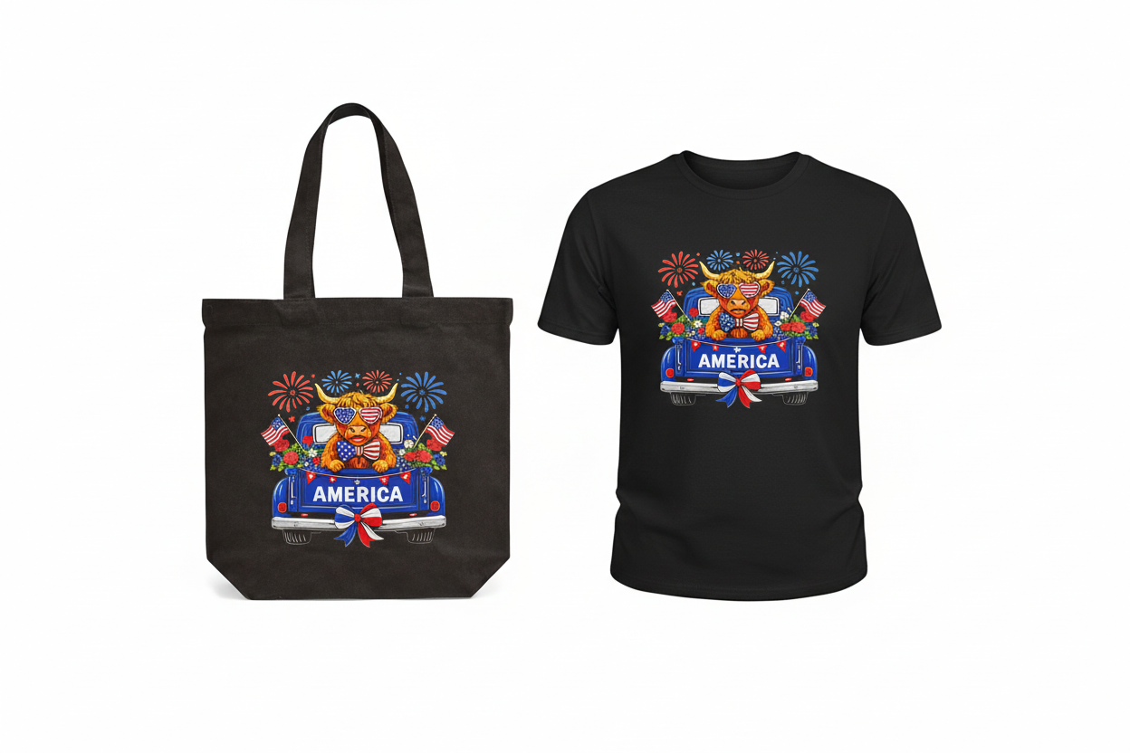Patriotic Highland Cow Shirt & Tote Bag Bundle – American Flag Matching Set | 4th of July Outfit & Tote