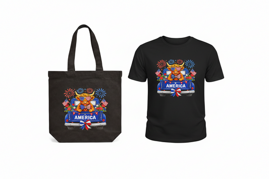 Patriotic Highland Cow Shirt & Tote Bag Bundle – American Flag Matching Set | 4th of July Outfit & Tote