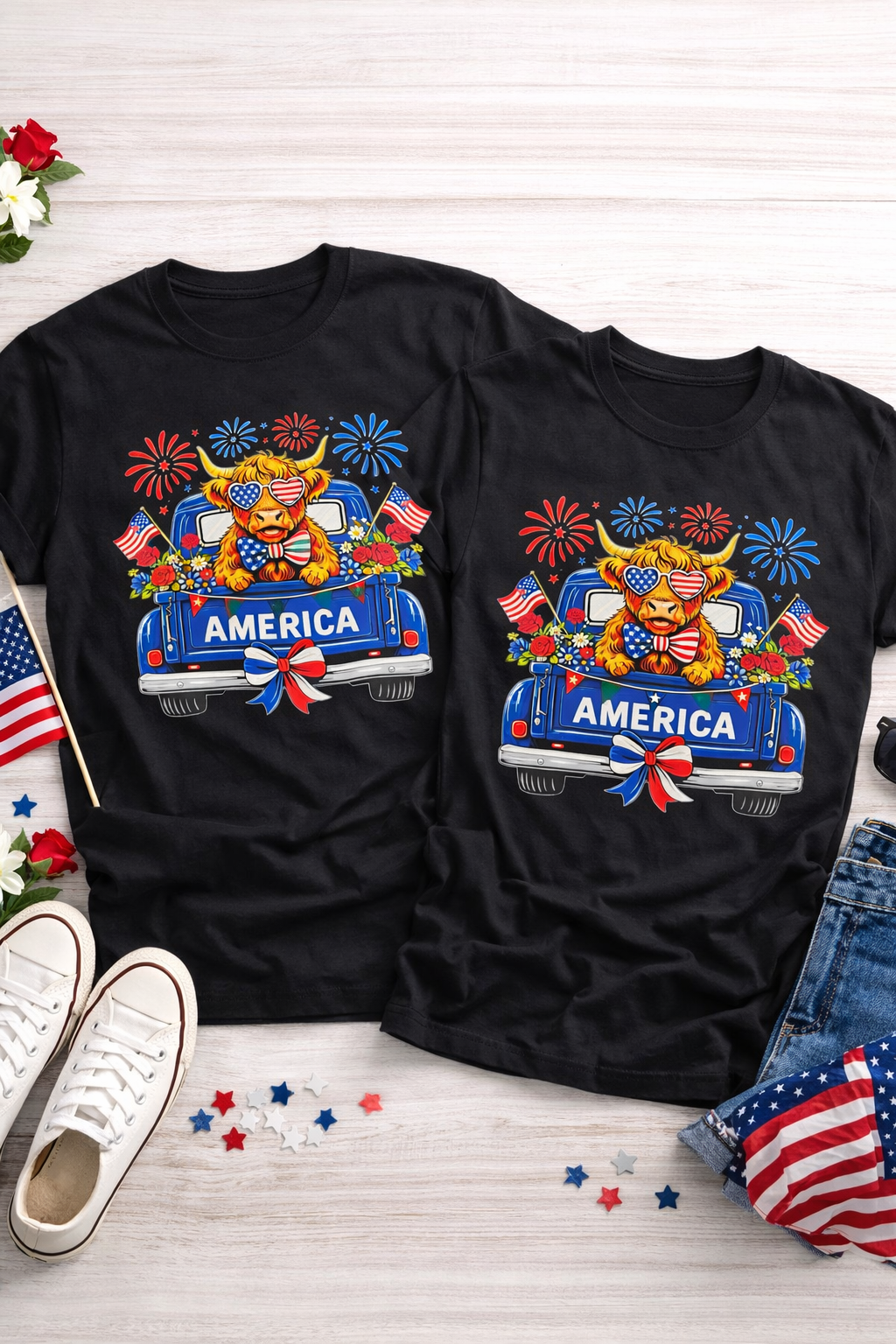 Patriotic Highland Cow T-Shirt – American Flag Graphic Tee | 4th of July Shirt | Summer Cow Shirt