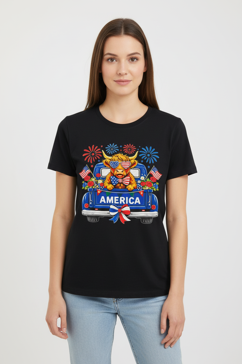Patriotic Highland Cow T-Shirt – American Flag Graphic Tee | 4th of July Shirt | Summer Cow Shirt